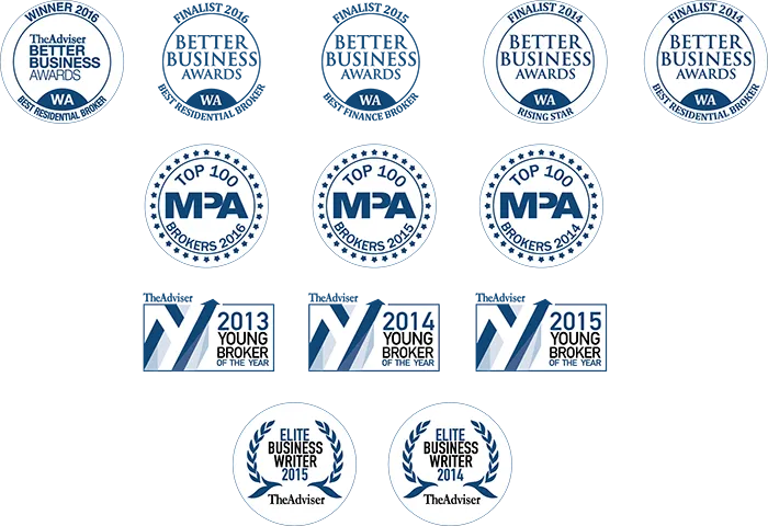 Awards won by Let’s Chat Finance: Better Business Awards WA, MPA Top 100 Brokers, The Adviser Young Broker of the Year and Elite Business Writer